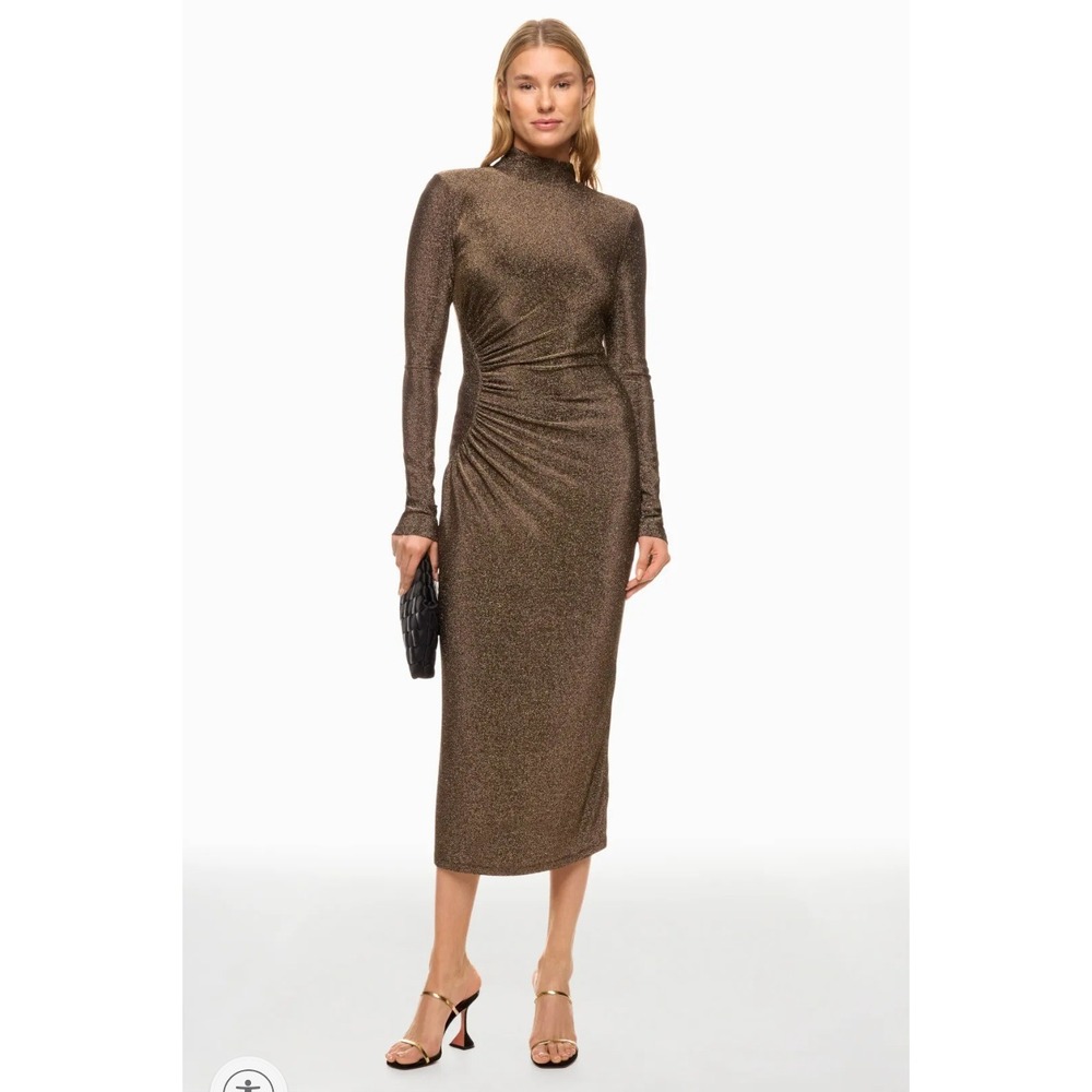 Ramy Brook Amarilys Dress Metallic‎ Gold Shimmer Mock Neck Ruched Midi Sz L
